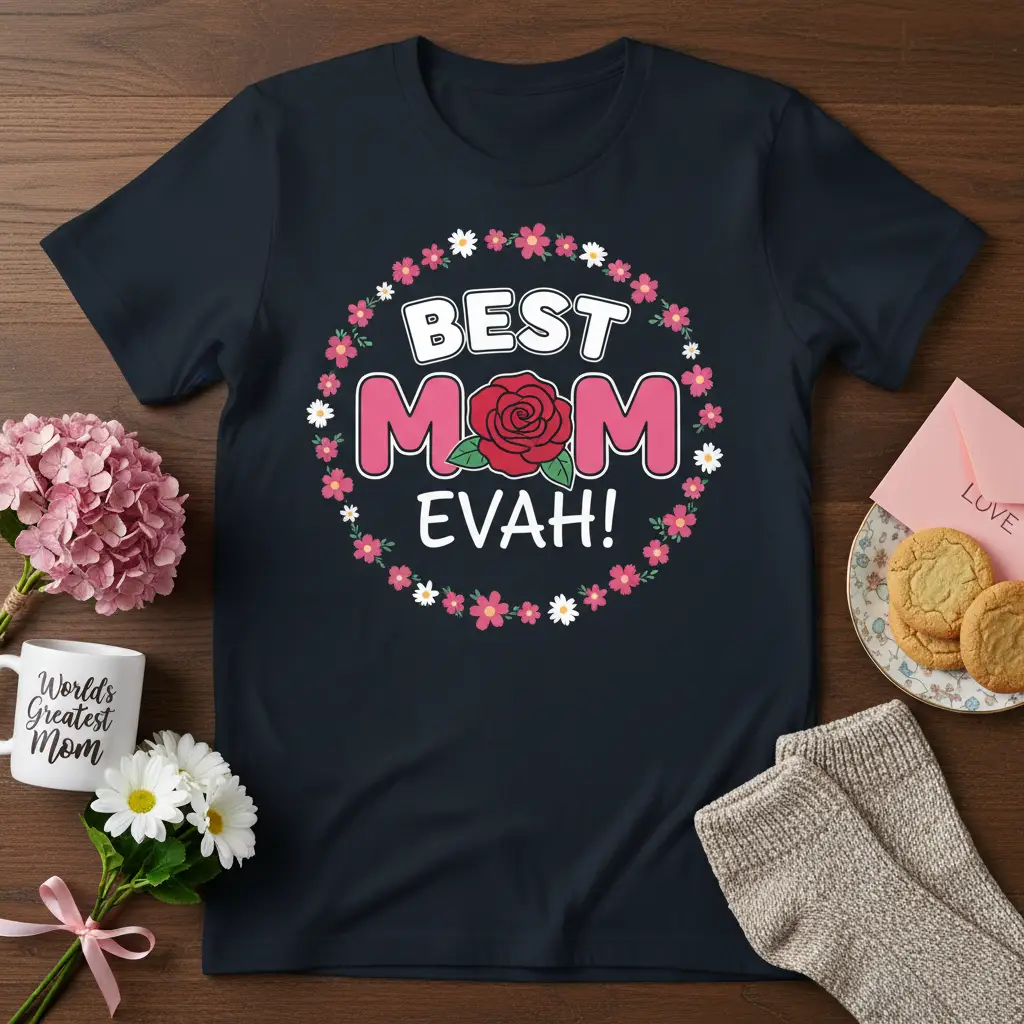 Best Mom Evah! quote in floral wreath on a navy t-shirt, celebrating mothers