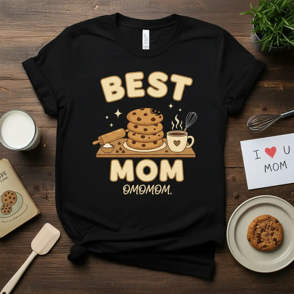 Best Mom Omomom. text with stacked cookies, rolling pin, and coffee cup graphic on black tee
