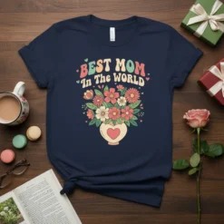 Best Mom In The World text with a vibrant floral bouquet in a vase on a navy t-shirt