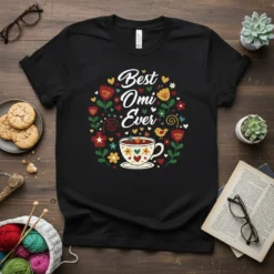 Best Omi Ever quote in white script on a black t-shirt, surrounded by a floral wreath and a teacup graphic