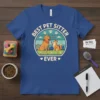 Best Pet Sitter Ever t-shirt with a golden retriever and cat playing, framed in a circle with paw prints