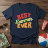 Best Summer EVER text graphic on a navy blue t-shirt, featuring red, yellow, and orange lettering with a small sun