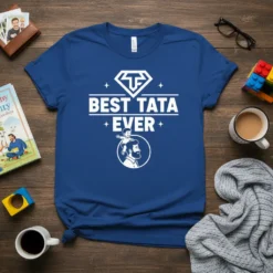 Best Tata Ever t-shirt with white text and a graphic of a father carrying a child on his shoulders