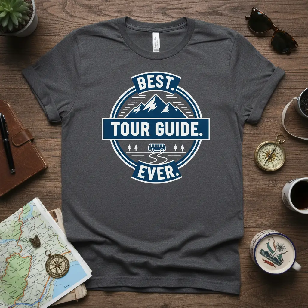 Best Tour Guide Ever quote on a t-shirt with mountain and bus graphic