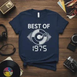 BEST OF 1975 text with a vintage vinyl record graphic on a navy blue t-shirt