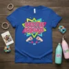 Bestie Squad t-shirt design with colorful geometric shapes, pink text, and handcuffs with heart charms connecting two hands