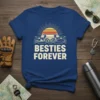Besties Forever motorcycle graphic t-shirt design with two bikes and a sunset, featuring bold text