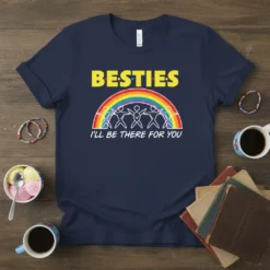 Besties I'll Be There For You T-Shirt with rainbow and stick figures, yellow text, white graphic, navy shirt
