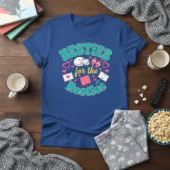 Besties for the Resties t-shirt design featuring cute pillows, a sleeping cat, and hearts in teal, pink, and yellow text