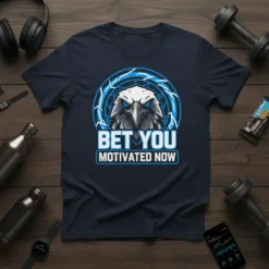 Bet You Motivated Now motivational eagle t-shirt for gym and fitness with bold text and striking blue and white graphics