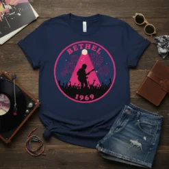 Bethel 1969 concert t-shirt design with a guitarist silhouette, crowd, fireworks, and pink circular frame