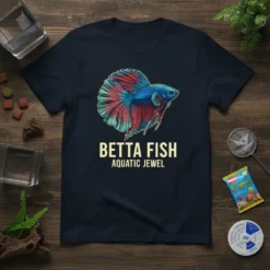 Betta Fish Aquatic Jewel t-shirt design featuring a vibrant blue and red betta fish illustration with accompanying text