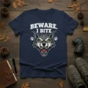 Beware I Bite wolf graphic t-shirt with a fierce wolf head and paw prints