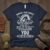 Beware I Ride Horses quote t-shirt design with horse graphic and pitchforks. Features humorous text about strength and animals