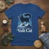 Beware of the Yule Cat t-shirt design featuring a black cat on snowy mountains under a night sky