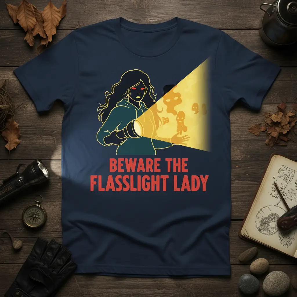 Beware The Flasslight Lady quote and ghost hunting graphic on a navy t-shirt