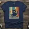 Bewtee Madaf...AKAS! black cat with slingshot design on navy t-shirt