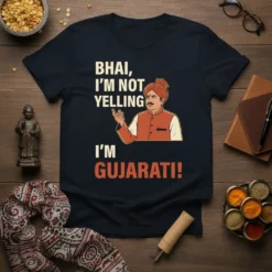 Bhai I'm Not Yelling I'm Gujarati text with illustration of a man in traditional attire on a dark t-shirt