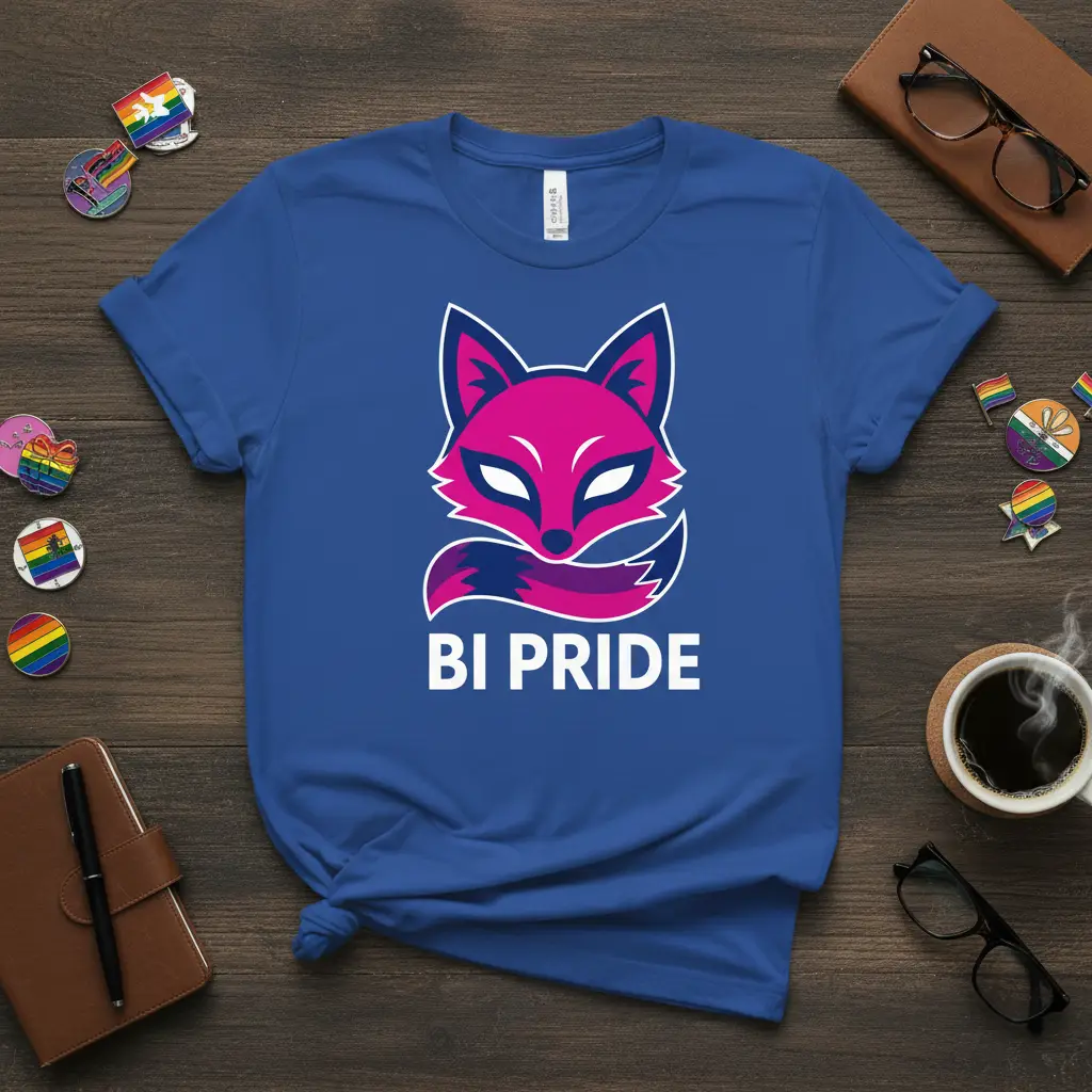BI PRIDE text with a stylized pink and blue bisexual fox illustration on a blue shirt