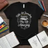 Bible Art Journaling Keeping My Life Amazing quote with feather graphic on black t-shirt