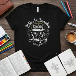 Bible Art Journaling Keeping My Life Amazing quote with feather graphic on black t-shirt