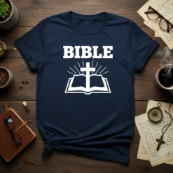 Navy t-shirt with white "Bible" text above an open book with a cross and rays of light graphic