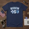 Navy blue t-shirt with "BIDEN 46" text and presidential seal graphic, designed for political supporters