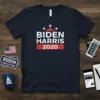 Biden Harris 2020 political campaign t-shirt in navy blue with white and red text and stars