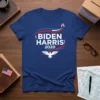 Biden Harris 2020 campaign t-shirt design with patriotic red, white, and blue ribbon graphic and eagle emblem