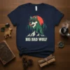 Big Bad Wolf t-shirt design with a cool wolf wearing sunglasses on a mountain, surrounded by trees and a sunset