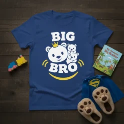 Big Bro t-shirt with white text and bear graphics, featuring a crowned bear and two smaller bears, on a royal