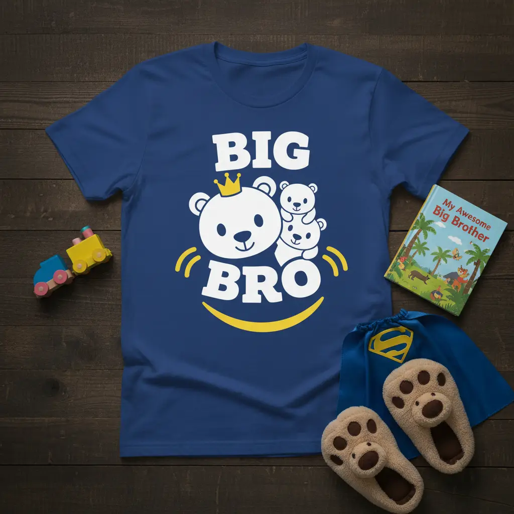 BIG BRO text with cute crowned bear and cubs graphic on a royal blue t-shirt for siblings