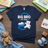 Big Bro Est 2024 t-shirt design with text and graphics of a baby in a bassinet and a teddy bear