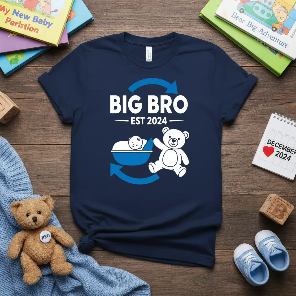 BIG BRO EST 2024 text and graphics on a navy blue t-shirt for a sibling announcement