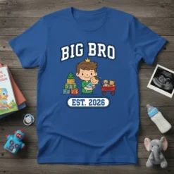 Big Bro Est. 2026 t-shirt design featuring a boy holding a baby, with blocks and a wagon, announcing the year