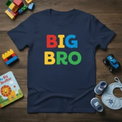 Colorful BIG BRO text design on a navy blue t-shirt, perfect for a proud older brother
