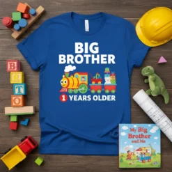 Big Brother 1 Years Older t-shirt with a cartoon train carrying gifts and a teddy bear. Text is white and