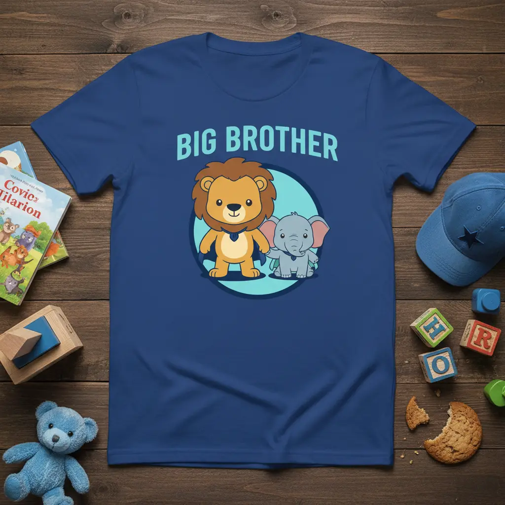 BIG BROTHER text with cute cartoon lion and elephant graphic on a blue t-shirt