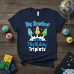 Big Brother of the Birthday Triplets t-shirt design featuring three rockets and bold typography