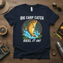 Big Carp Catch Reel It In! text with a leaping carp graphic in a fishing net design on a navy