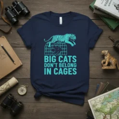 Navy blue t-shirt with turquoise text "BIG CATS DON'T BELONG IN CAGES" and a graphic of a tiger jumping over
