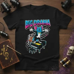 BIG DRAMA T-Shirt design featuring a blue mouse in a tuxedo playing a grand piano with musical notes