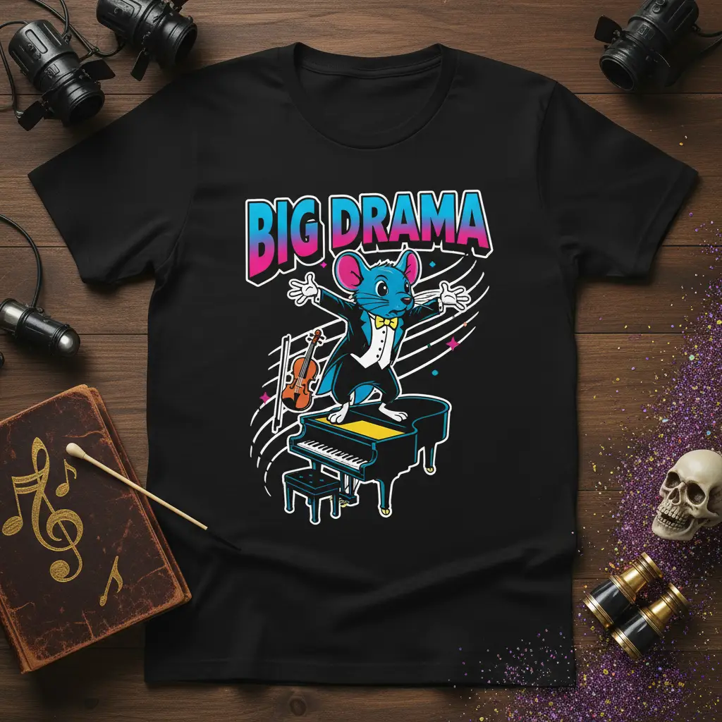 BIG DRAMA text and musical mouse graphic on a black t-shirt for performers