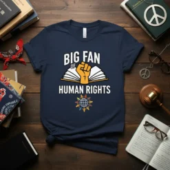 Big Fan of Human Rights text design with an open book and a raised fist graphic, symbolizing advocacy and knowledge