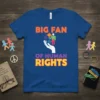 Blue t-shirt with "BIG FAN OF HUMAN RIGHTS" text, featuring a hand holding puzzle pieces forming people figures