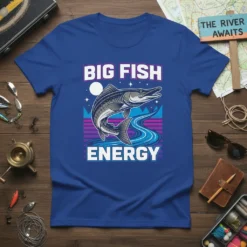 BIG FISH ENERGY text with a jumping fish graphic on a blue t-shirt, designed for anglers