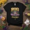 BIG Mardi Gras Energy text design with mask and beads on a black t-shirt