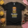 Big Meal Double Decker Burger text with a cartoon illustration of a stacked double decker burger on a black t-shirt