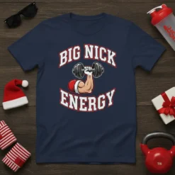 Big Nick Energy Christmas workout t-shirt featuring Santa's arm lifting a dumbbell with festive lettering