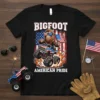 Bigfoot driving a monster truck with American flag, text "BIGFOOT AMERICAN PRIDE", patriotic theme